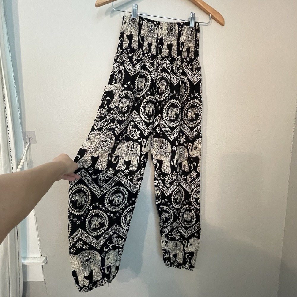 Womens Small Bohemian Harem Pants Black White Elephant Festival Yoga Hippie - Picture 2 of 7
